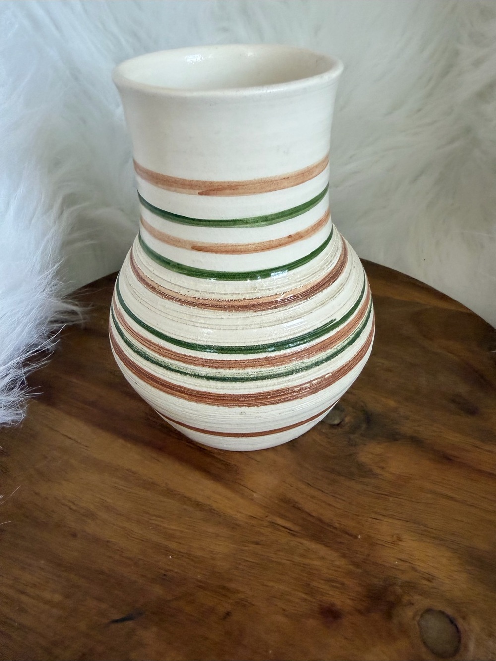 Striped Ceramic Vase in Cream, Green & Brown